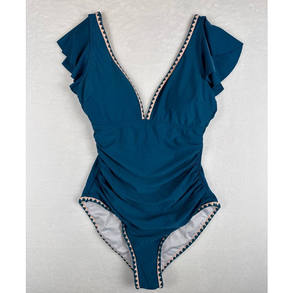 Aidonger Teal Plunge Neckline One Piece Bathing Suit w/ Fluttery Sleeves Sz Med
